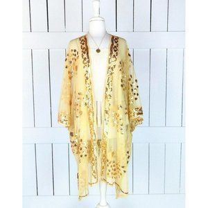 Gold sheer mesh peacock sequin kimono cover up